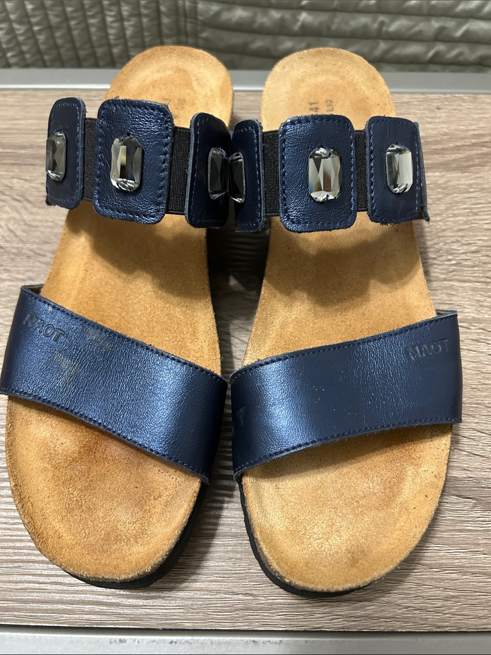 Naot ‘Michele’ Polar Sea Blue Leather Gem-Embellished Slide Sandals. Size 41